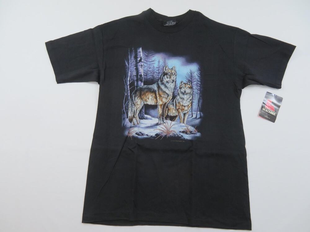 Wolf Wolves Forest Graphic Haloubek Black T-shirt Sz L 1990s